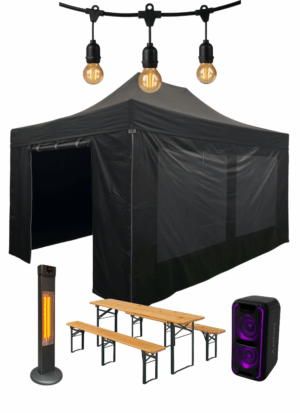 deluxe biertafel Easy Up pakket Deluxe 3x4,5 - met biertafelset, verlichting, heater en geluid
