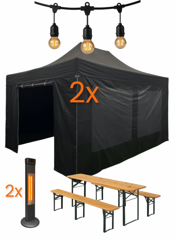 3x10,5 premium biertafel Easy Up pakket Premium 3x10,5 - met biertafelset, verlichting en heaters